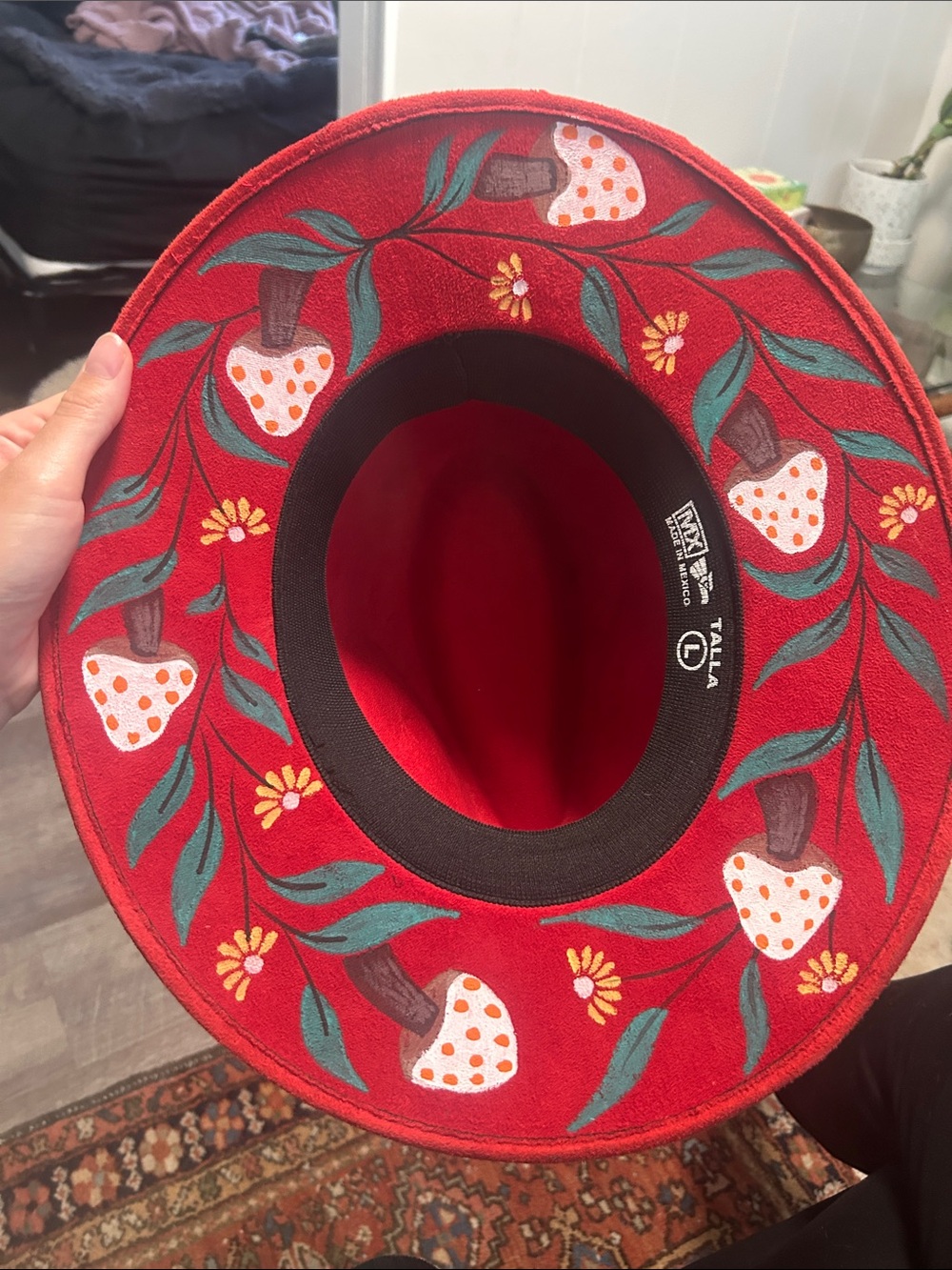 Hand Painted Mushroom & Fern Wide Brim Fedora Hat Boho Festival Good Cond